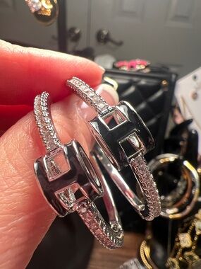 Silver Pavé H Link Hoop Earrings - Elegant Women’s Jewelry